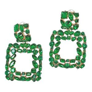 Gold Tone Metal Green Plastic Rhinestone Opulent Chandelier Earrings Square Drop